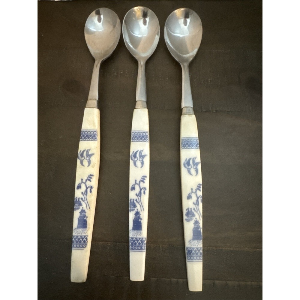 UNF2093 Vintage‎ Ice Tea Spoon Blue White Asian Theme Stainless Japan-3